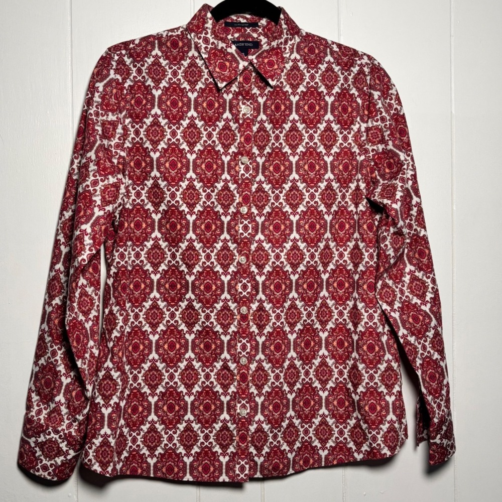 Lands End Womens No Iron Supima Cotton Medallion Paisley Shirt Red Sz 10 Classic